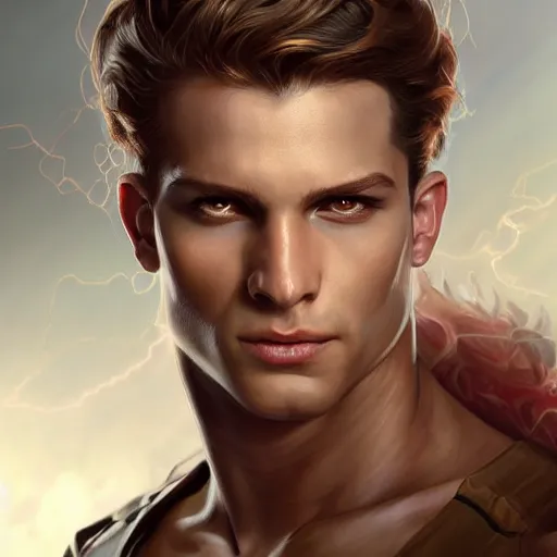 Prompt: character concept, portrait, symmetrical head - on centralized, young man with strong body and fire eyes. detailed, high quality, dynamic lightning, fantasy, scenematic. artwork by artgerm, wlop, alex ross, greg rutknowski, alphonse mucha