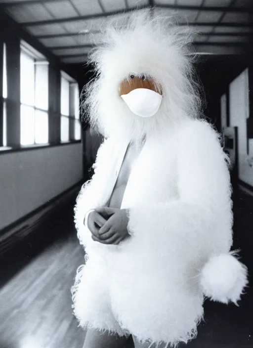 Image similar to realistic photo portrait of the person, white carnival fluffy mask no eyes no mouth, wearing hairy fluffy cotton shorts, dancing in the spacious wooden polished and fancy expensive wooden laboratory hall interior 1 9 9 0, life magazine reportage photo