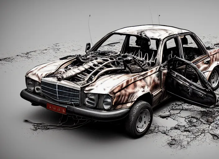 Prompt: a big woman intertwined axolotl in burning wrecked mercedes 1 2 4, ultrafine hyperdetailed illustration by kim jung gi, masterpiece. rendered in blender, smooth shadows, ultra detail, high resolution, unreal 6, 8 k