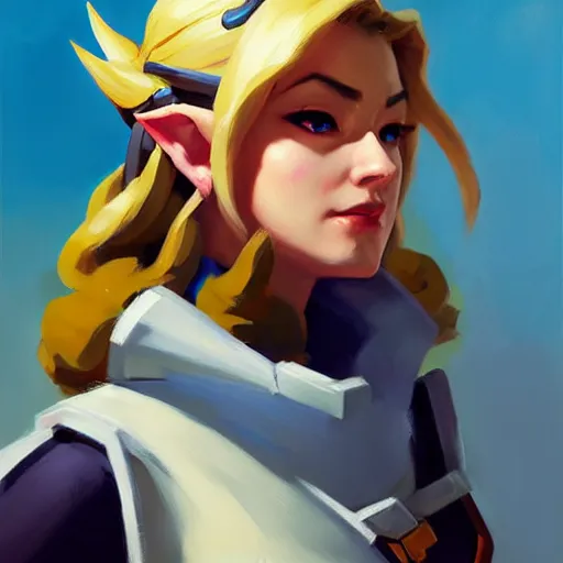 Image similar to Greg Manchess portrait painting of Zelda as Overwatch character, medium shot, asymmetrical, profile picture, Organic Painting, sunny day, Matte Painting, bold shapes, hard edges, street art, trending on artstation, by Huang Guangjian and Gil Elvgren and Sachin Teng