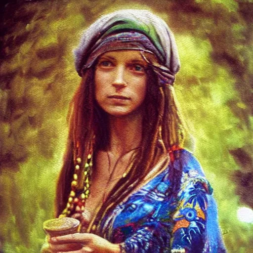 Image similar to an oil painting of a hippy woman at woodstock 1969, natural colours, character photography, Exquisite detail, post-processing, masterpiece