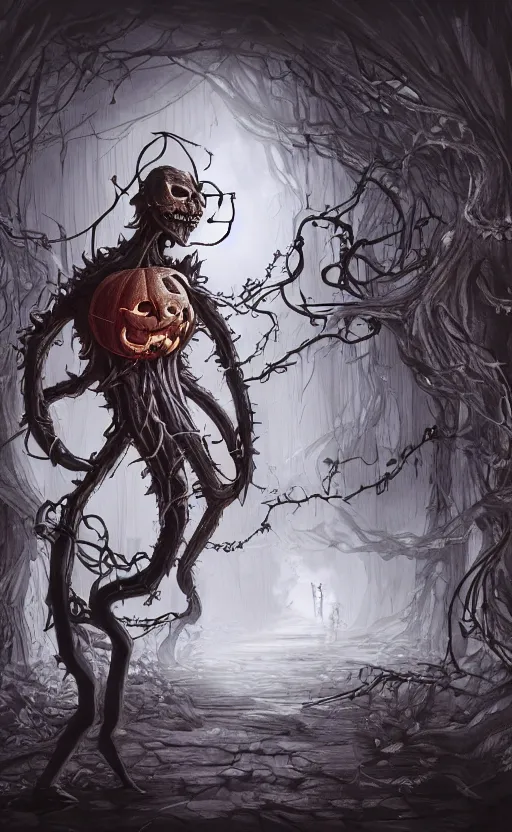 Image similar to fantasy monster concept art, a jack o lantern monster with vines for a body walking down a street of nightmares, dynamic lighting, photorealistic, trending on art station, stunning visuals, creative, cinematic, ultra detailed, atmospherical, ambient lighting, scary art