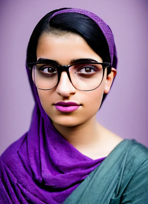 Prompt: kodak portra 4 0 0, 8 k, highly detailed, britt marling style, color studio - portrait of a handsome cute 2 0 year old short black haired hyderabadi muslim female with cateye glasses wearing purple, muted colors, up face with 1 9 2 0's hairstyle and cloth style, asymmetrical, hasselblad
