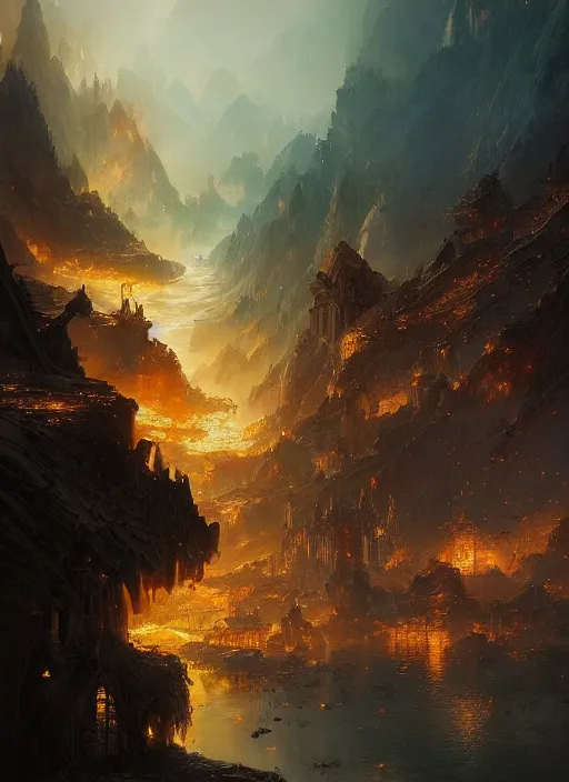 Prompt: a fantasy golden city smoulders, embers fly, epic atmosphere, by greg rutkowski, nature by asher brown durand, composition by yoshitaka amano