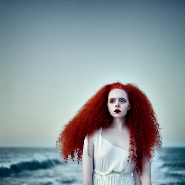 Image similar to a portrait photography of with red long curly hair and full body dress in white by Flora Borsi, stand up with the sea behind, soft sunset lighting, pastel colors scheme, fine art photography, dramatic backgroung, 50 mm sigma art