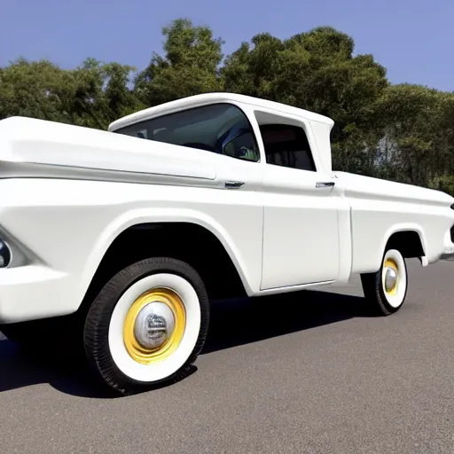 Image similar to 1960 White Ford Pickup + 2015 Chevy Tahoe hybrid SUV, Retro Aesthetic with Modern Features, Advanced Automobile, Premium SUV that is also an old Truck, 4K, Photo