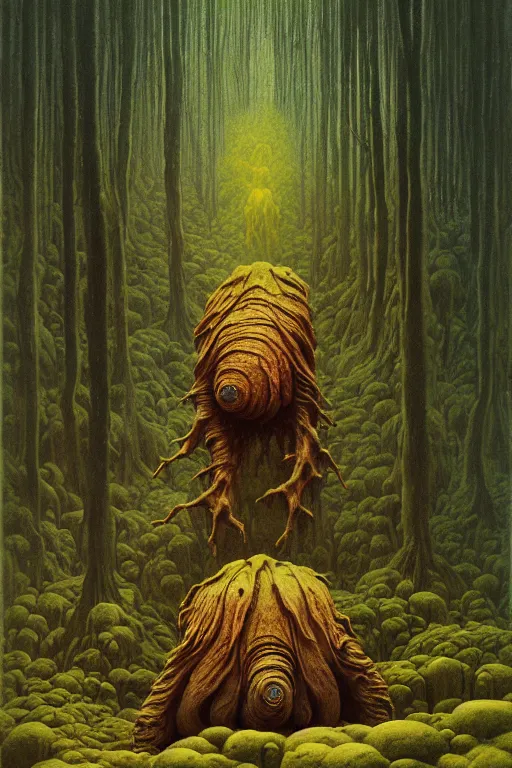 Image similar to painting of eldritch giant tardigrades striking a terrifying pose, scene inside forest, by zdzislaw beksinski, by dariusz zawadzki, by wayne barlowe, gothic, surrealism, cosmic horror, lovecraftian, cold hue's, warm tone gradient background, concept art, beautiful composition