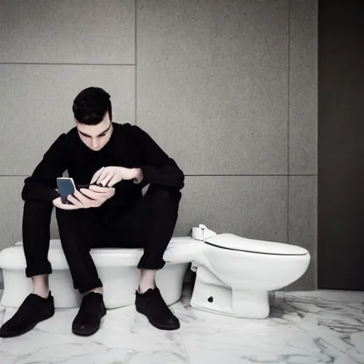 Image similar to a thoughtful young man sitting on a white marble toilet attentively staring at his smartphone, distant thoughtful look, modern apartment renaissance style