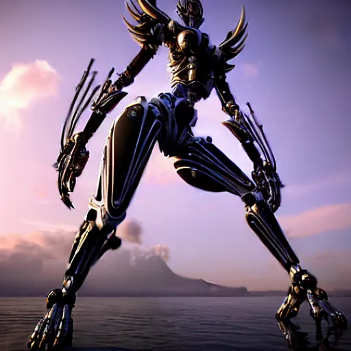 Image similar to looking up at a highly detailed 300 foot tall giant exquisite beautiful stunning valkyr female warframe, as an anthropomorphic robot dragon, posing elegantly over your tiny form, detailed legs looming over you, camera on the ground, at the beach on a sunset, sleek streamlined design, streamlined matte black armor, sharp detailed claws, detailed sharp robot dragon feet, worms eye view, giantess shot, upward shot, ground view shot, leg shot, front shot, epic cinematic shot, high quality warframe fanart, captura, realistic, professional digital art, high end digital art, furry art, giantess art, anthro art, DeviantArt, artstation, Furaffinity, 8k HD render, epic lighting