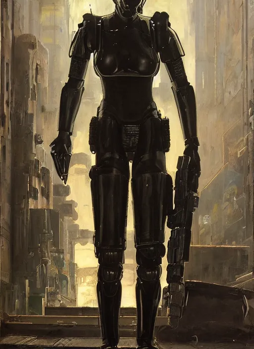 Prompt: Sgt Sara Grim. Menacing Cyberpunk police trooper wearing a combat vest and towering with robotic legs. (dystopian, police state, Cyberpunk 2077, bladerunner 2049). Iranian orientalist portrait by john william waterhouse and Edwin Longsden Long and Theodore Ralli and Nasreddine Dinet, oil on canvas. Cinematic, vivid colors, hyper realism, realistic proportions, dramatic lighting, high detail 4k