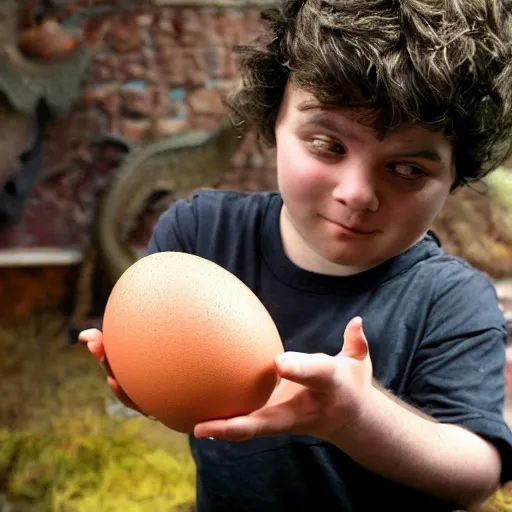 Prompt: young dani devito offering an egg to a dragon, award winning photo, hd, photo