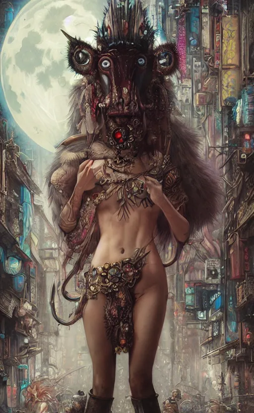 Image similar to hyper realistic Princess Mononoke, ornate mask magic, wet market street, cyberpunk metropolis, city landscape, jewels, full body pose, full moon, style of tom bagshaw, mucha, james gurney, norman rockwell, denoised, sharp