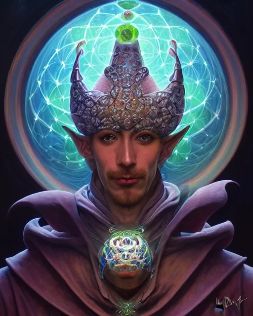 Image similar to front shot of a court jester character, hyperdimensional, bioluminescent hypercubes, ((intricate)), elegant, highly detailed, centered, (((artstation, concept art, smooth, sharp focus, artgerm, Tomasz Alen Kopera, Peter Mohrbacher, donato giancola, Joseph Christian Leyendecker, WLOP, Boris Vallejo))), mugshot!!!!!, ugly!!!!!!, octane render, nvidia raytracing demo, grainy, muted