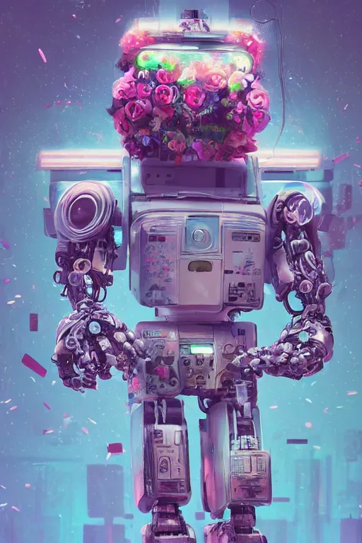 Prompt: a digital painting of a robot with flowers, cyberpunk art by Mike Winkelmann, cgsociety, panfuturism, afrofuturism, made of flowers, dystopian art, vaporwave