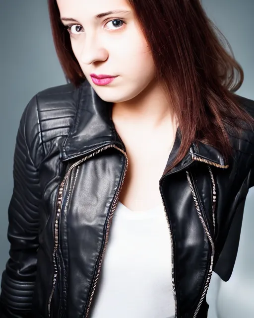 Image similar to young woman in her 20s, she wears a leather jacket and boots, full body portrait, taken by a nikon, very detailed face