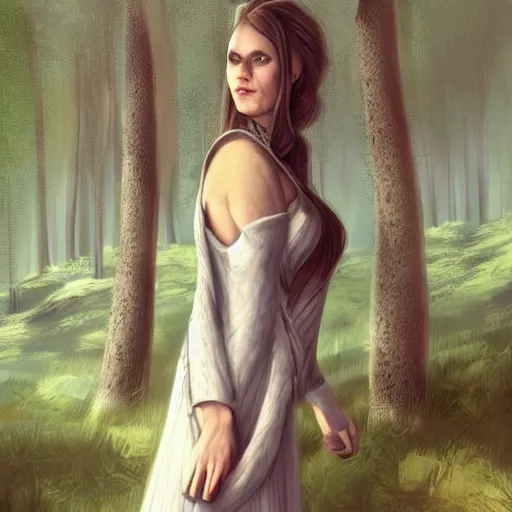 Prompt: nordic beautiful woman in a dress in the forest, trending on artstation, masterpiece