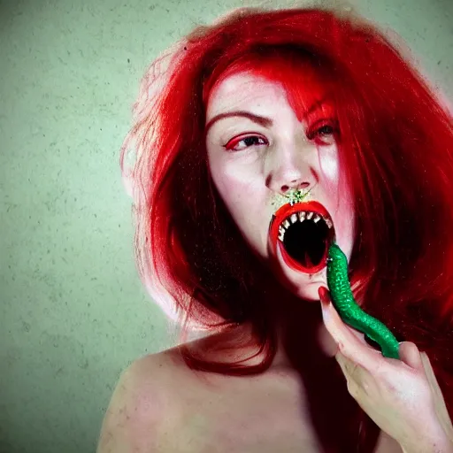 Image similar to highly photorealistic expired fuji film portrait of woman with long tentacled red tongue combined with stranger creatures, imax quality, 8 k, award winning photography