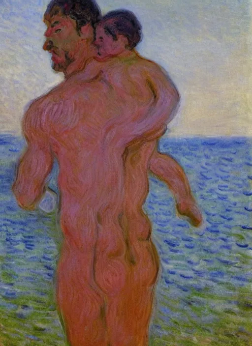 Image similar to a man carrying his child over his shoulders walking near the beach, anatomically correct, painting by monet, masterpiece