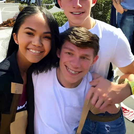 Prompt: Tom Holland with his arm around a beautiful Filipina college girl at Chapman University