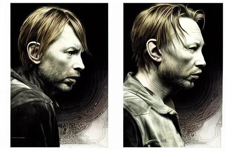 Prompt: hyper realistic portrait of ( thom ) yorke singer songwriter ok computer, side profile, liminal space, by lee bermejo, alphonse mucha and greg rutkowski