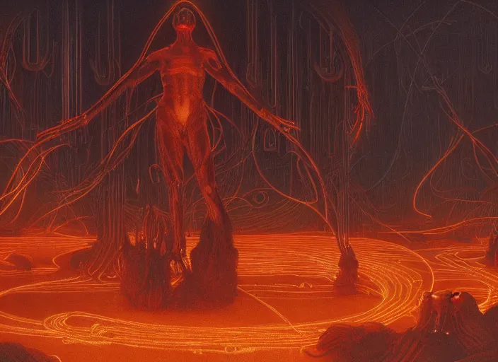 Image similar to satanic ritual, neon, they are watching, RGB, glowing wires everywhere, pristine, by Edgar Maxence and Ross Tran, Zdzisław Beksiński, and Michael Whelan, distant, gustav dore, H.R. Giger, 8k, octane render