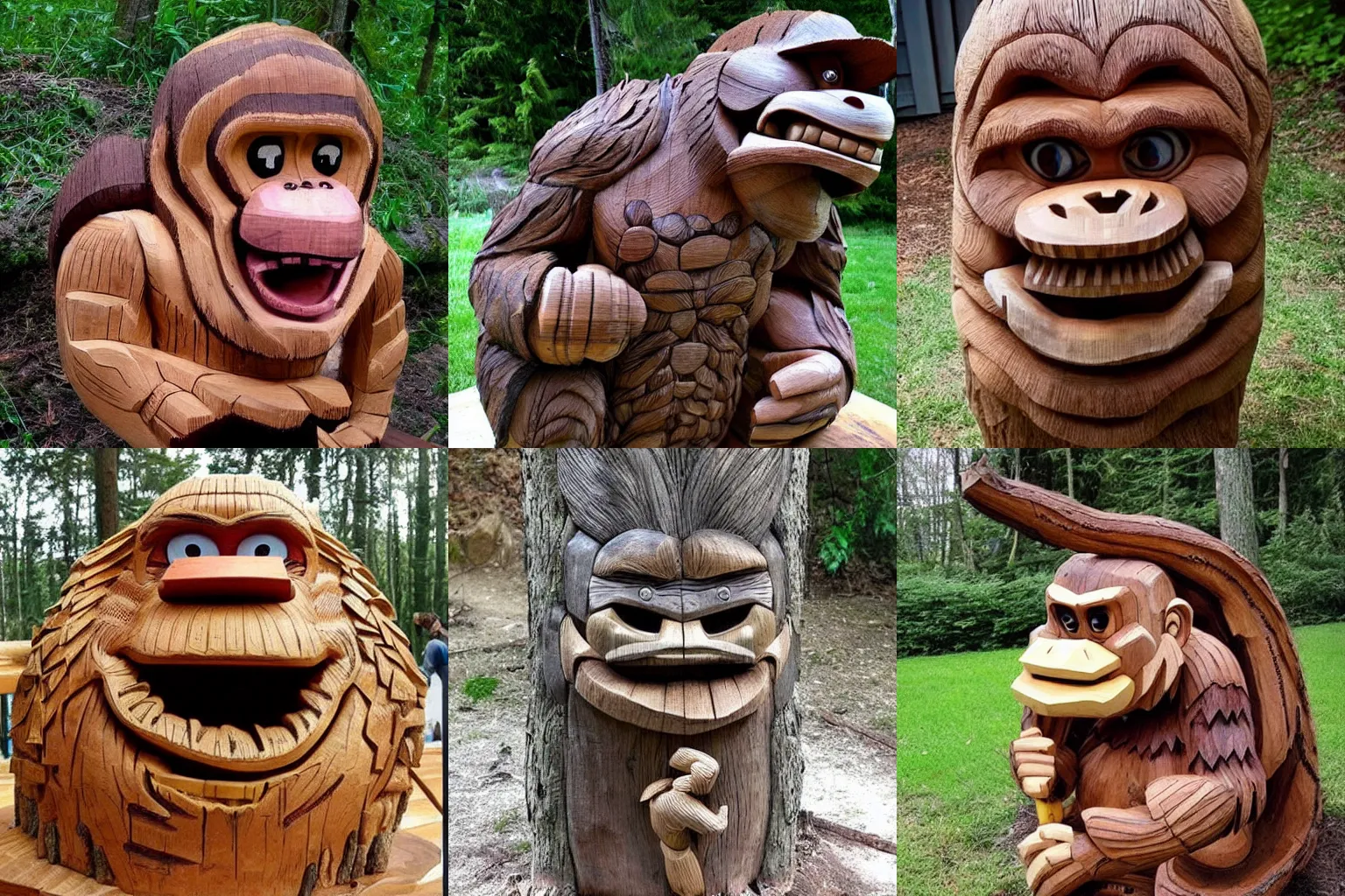 Prompt: a log carving that looks like Donkey Kong