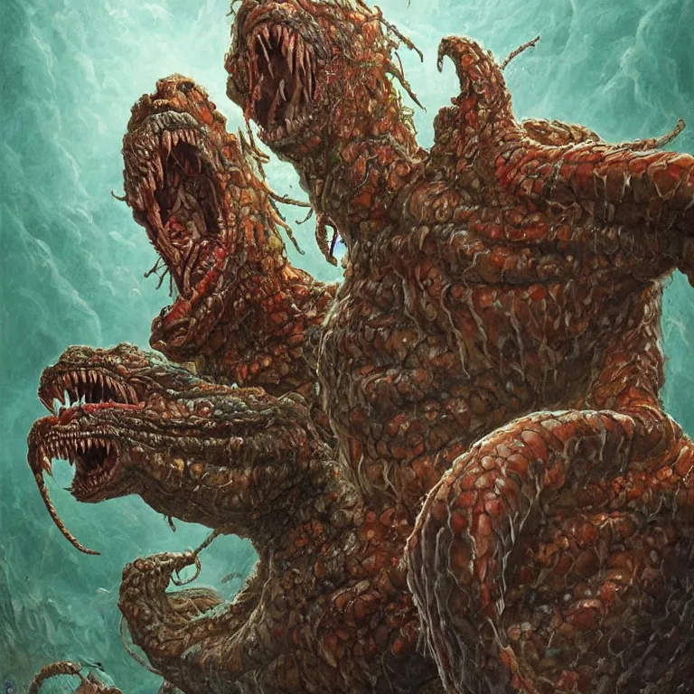 Image similar to two - headed hydra of lerna, jim carey as lloyd christmas and jeff daniels as harry dunne ( from dumb and dumber ), serpentine water monster, aquatic, d & d, fantasy, portrait, highly detailed, digital painting, trending on artstation, concept art, sharp focus, illustration, art by artgerm and greg rutkowski and magali villeneuve