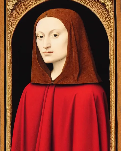 Prompt: a painting of a woman wearing a red cloak by antonello da messina, behance, pre - raphaelitism, pre - raphaelite, calotype, da vinci