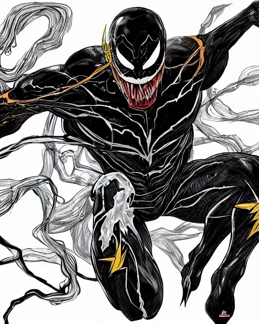 Prompt: venom as the flash, dynamic lighting, fantasy concept art, trending on art station, stunning visuals, creative, cinematic, ultra detailed, terrifying, black lightning, comic strip style