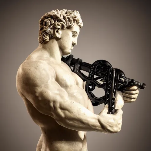 Image similar to a greek marble statue with a marble machine gun strapped around his shoulder, museum background, studio lighting, high detail, bokeh, 4K