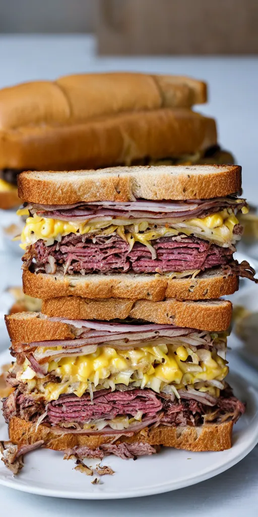 Prompt: a photograph of a rueben tower sandwich filled with so much 4 lbs of cornbeef roasted meat that the sandwich, it looks mouth watering with melting cheeses and grilled onions, 1 0 0 0 island dressing and pumpernickle bread cooked to perfection, food photography