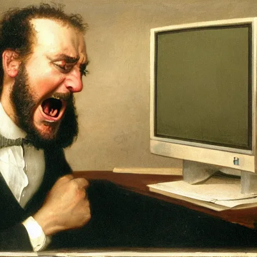 Image similar to an angry man yells at his computer monitor, oil on canvas, 1 8 8 3, highly detailed