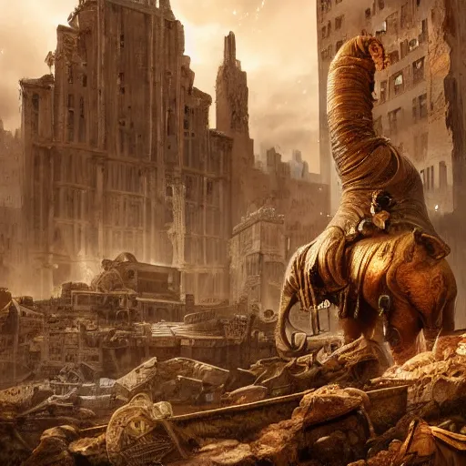 Image similar to golden mammoth in a ruined city, artstation, cgsociety, cgi, digital arts, realistic, awards winning, dramatic, cinematic, artistic, famous, detailed