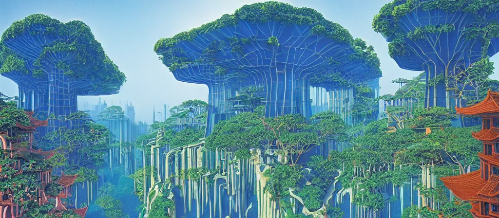 Image similar to huge gargantuan angular dimension of pagoda liminal spaces, temples by escher and ricardo bofill. utopian singaporean landscape by roger dean. magical realism, royal blue surrealism, lush sakura trees, waterfalls, thunder, lightning, cyberpunk, shot from below, epic scale