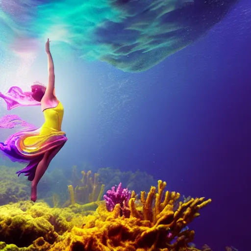 Image similar to woman dancing underwater wearing a flowing dress made of blue, magenta, and yellow seaweed, delicate coral sea bottom, swirling silver fish, swirling smoke shapes, octane render, caustics lighting from above, cinematic
