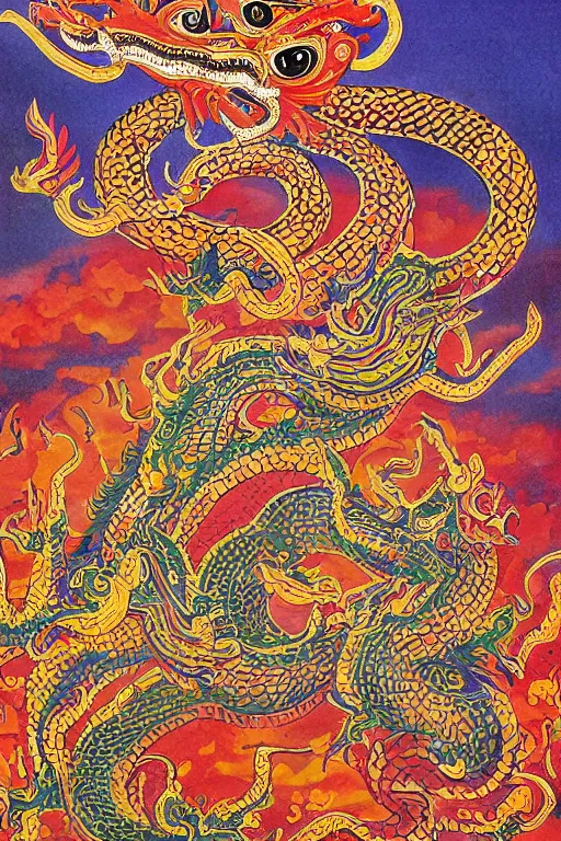 Image similar to naga art, mythical serpent southeast asian legends, thai traditional painting, royal thai art, guardian at the temple, garuda eagle, thai folklore, buddhist painting, thai dragon paintings by Chalermchai Kositpipat