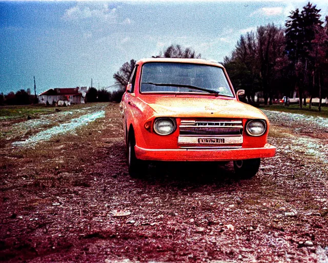 Image similar to a lomographic photo of old lada 2 1 0 7 standing in typical soviet yard in small town, hrushevka on background, cinestill, bokeh