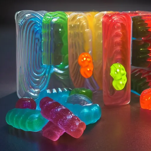 Image similar to a small edible gummi worm candy with cybernetics is for sale from a food truck. the candy is displayed with dramatic product lighting, pearlescent. in the background a dim alley is illuminated by the food truck. digital art, imax 7 0 mm, blade runner, sci - fi, fantasy, fairytale, 4 k, octane 3 d render, ue 5.