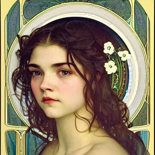 Image similar to detailed portrait art nouveau painting of the goddess of the moon, backlit, who resembles cyborg Anya Taylor Joy, Chloe Grace Moretz, and Emma Watson with anxious, piercing eyes, by Alphonse Mucha, Michael Whelan, William Adolphe Bouguereau, John Williams Waterhouse,and Donato Giancola