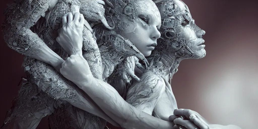 Image similar to hyperrealistic photography of a stunningly cyborg female, intimate, holding hands, kissing, in the style of beth cavener, jin kagetsu,, and wlop, highly detailed, intricate filigree, chrome face symmetry, masterpiece, award - winning, sharp focus, concept art, high key, ambient lighting, 8 k, octane render, artstation