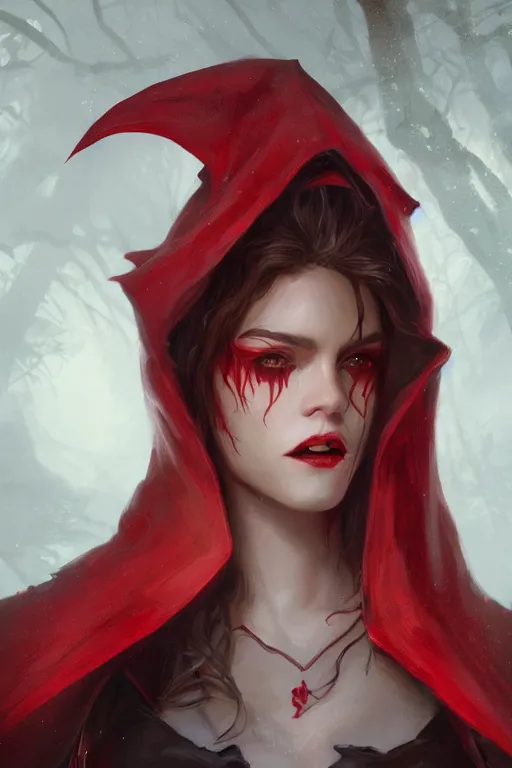 Image similar to vampire red riding hood, d & d, fantasy, portrait, highly detailed, headshot, digital painting, trending on artstation, concept art, sharp focus, illustration, art by artgerm and greg rutkowski and magali villeneuve