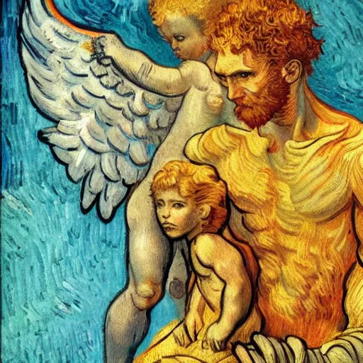 Image similar to guardian angel protecting child by michelangelo and Van Gogh, very detailed, deviantart, artstation