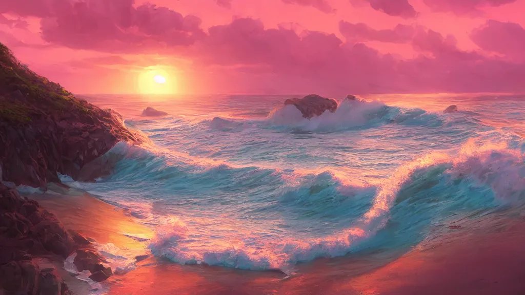 Prompt: a pink beach with impossibly large waves crashing against the shoreline, beautiful twilight sunset background, by sylvain sarrailh, rossdraws, ambient light, ultra detailed, fantasy artwork, 8 k, volumetric lighting, trending on artstation, award winning, very beautiful.