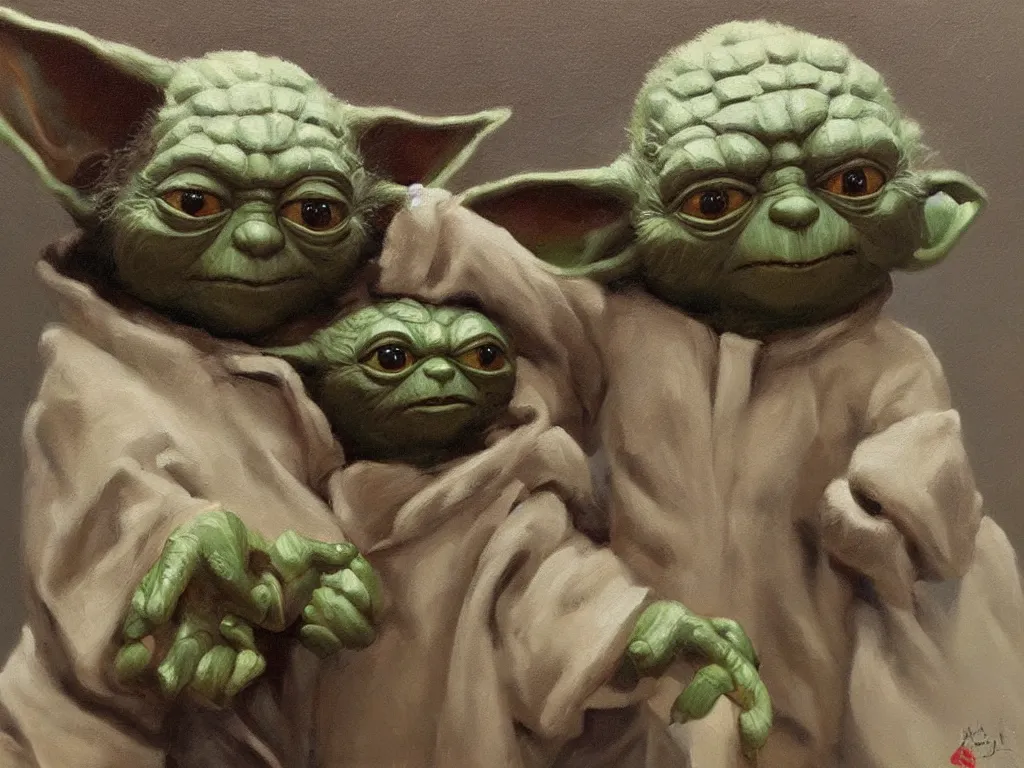 Image similar to old oil painting of yoda and cheburashka holding hands, trending on artstation