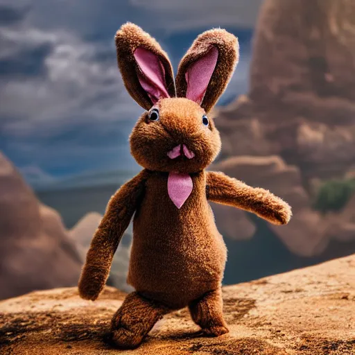 Image similar to a photo of a little brown bunny muppet plush wearing a cool ninja outfit and posed out in nature, photorealistic, photography, ambient occlusion, god rays, rtx, national geographic