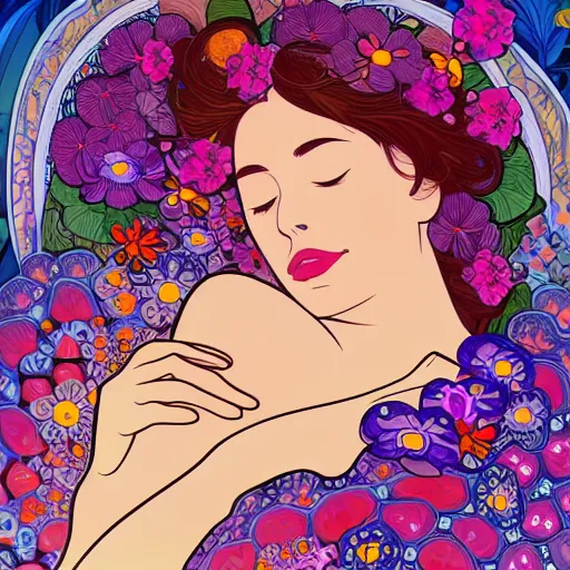 Image similar to a woman sleeping in the middle of flowers, confident pose, intricate, elegant, sharp focus, illustration, highly detailed, concept art, matte, trending on artstation, lisa frank, alfons mucha