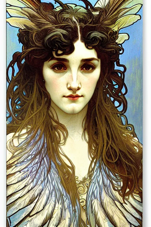 Image similar to head and shoulders portrait of a harpy, eagle wings, feathers, beautiful, female, magical, high fantasy, d & d, by alphonse mucha, face details, extremely detailed, digital illustration