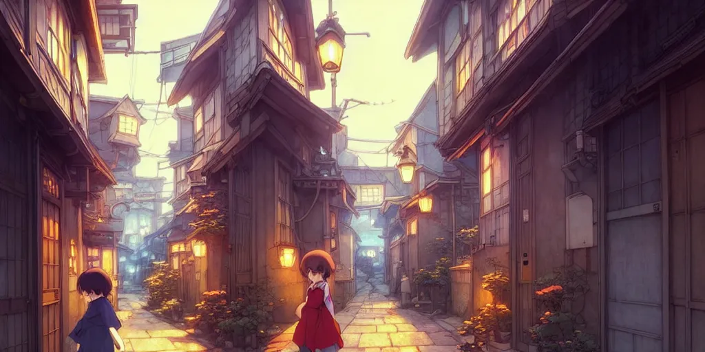 Image similar to the girl and the alley. anime visual of a cozy village, late in the evening. by hayao miyazaki and rossdraws and artgerm and greg rutkowski and alphonse mucha. anime production by studio ghibli. high quality, stunning, intricate detailed environment. 8 k