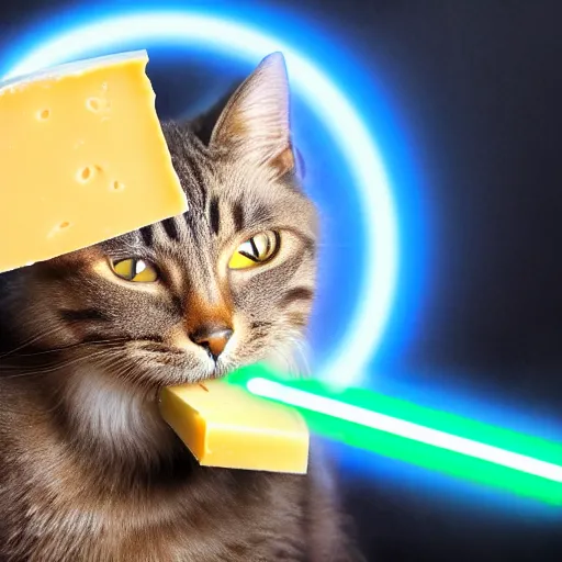 Image similar to cat in a black hole eating cheese with a lightsaber