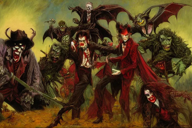 Image similar to vampire muppet batman and zombie robin vs. joker van helsing. art by gaston bussiere.